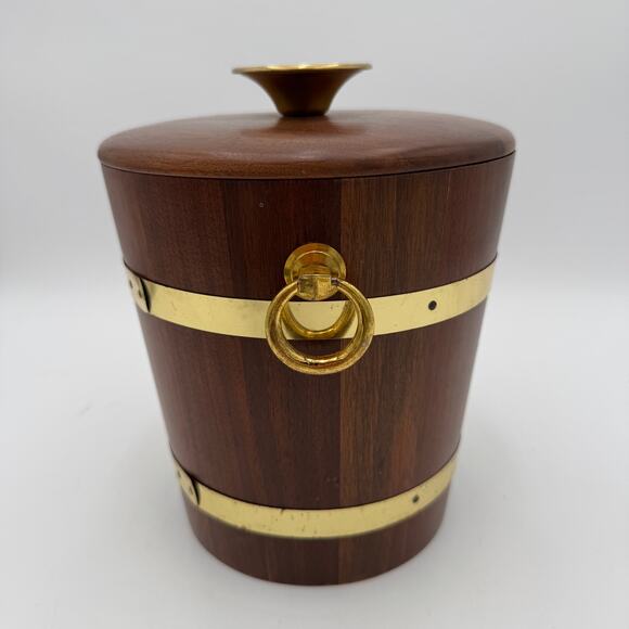 Vintage Wooden Ice Bucket with Gold Handle  Mid Century - Picture 6 of 13